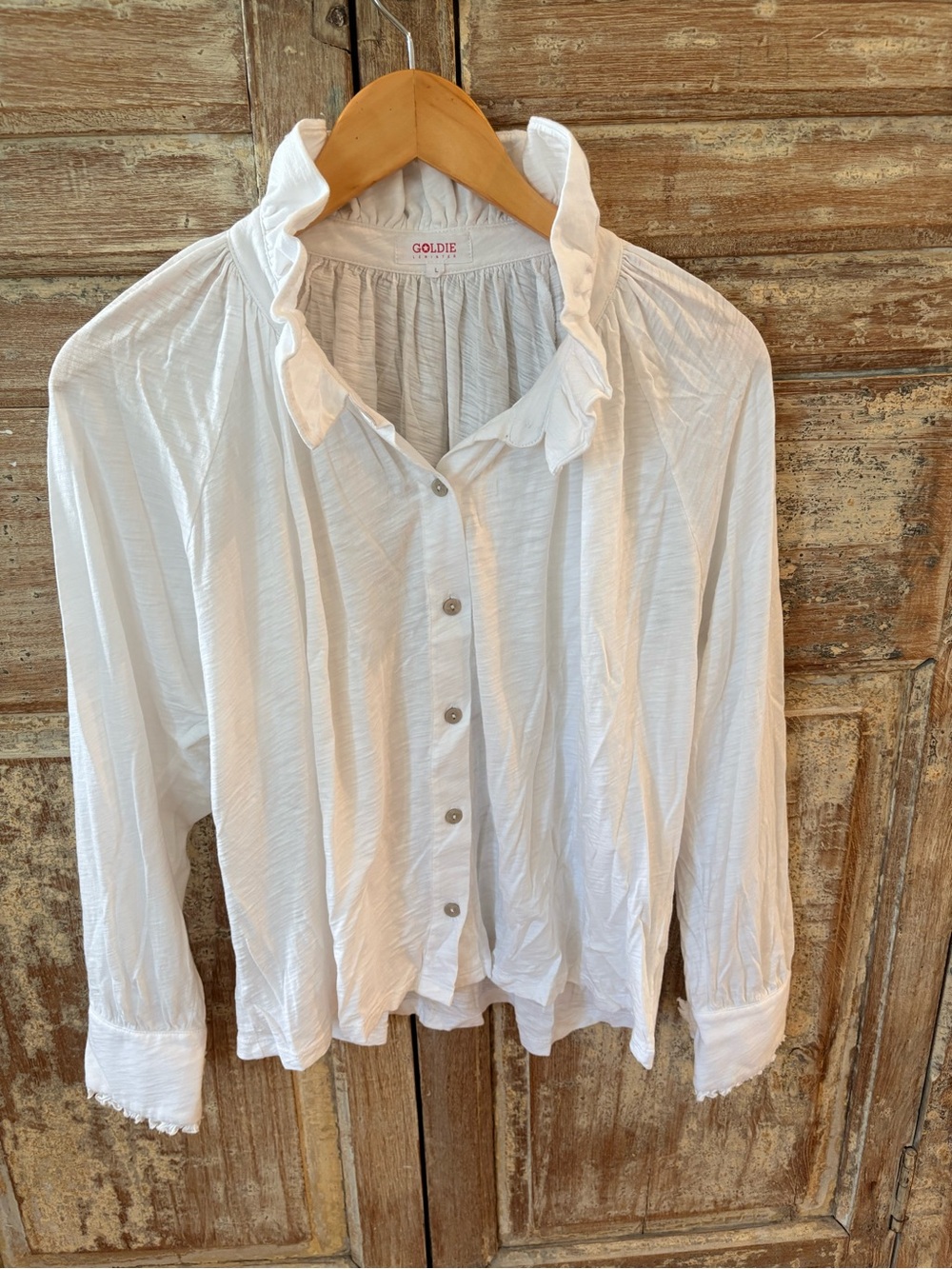 Goldie White Ruffle-Neck Button Down Blouse